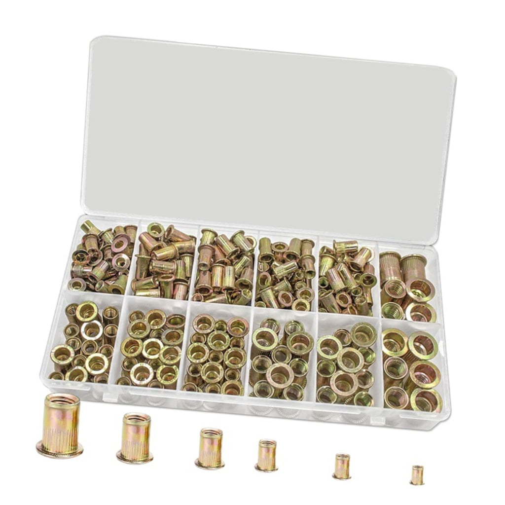 240pcs Flat Head Serrated Rivets Nut Set Galvanized Carbon Steel Nut set Carbon Steel Flat Head Rivets Nut for Fastening