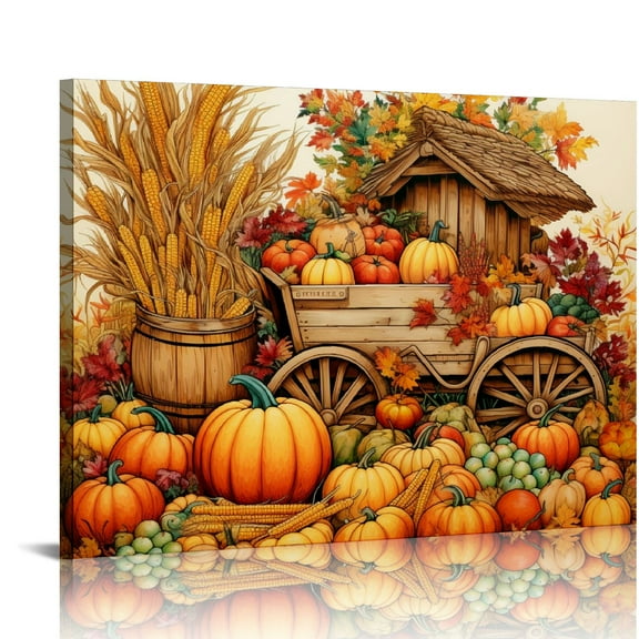 Nawypu Thanksgiving Fall Wall Art For Living Room/Bedroom, Canvas Bathroom Decor Wall Art Kitchen Office Framed Wood Oil Painting Picture, Vintage Autumn Pumpkin Maple Leaves