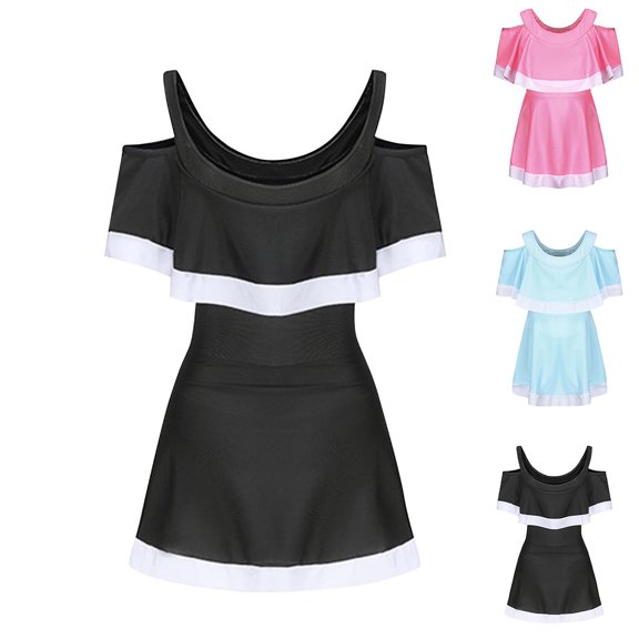 THDHVS Girls One Piece Swimsuits,Bathing Suits for Girls,One Piece Swimsuit Dress Ruffle Hem with Removable Padding Black
