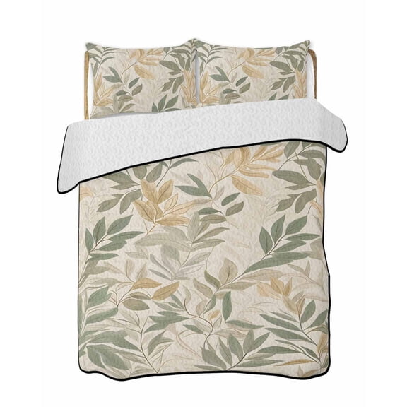 Sage Green Yellow Botanical Summer Quilt Set King Size, Soft Microfiber Quilted Bedding Set with 2 Pillow Shams, Vintage Spring Summer Lightweight All Season Bedspread Coverlet for Bedroom 96"x106"