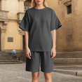 thumbnail image 2 of FINALGANG Womens Solid Color Ribbed Knit Two Piece Outfit Crew Neck Short Sleeve Top High Waist Bermuda Shorts Casual Matching Set For Loungewear Daily Wear Trendy Set, 2 of 4