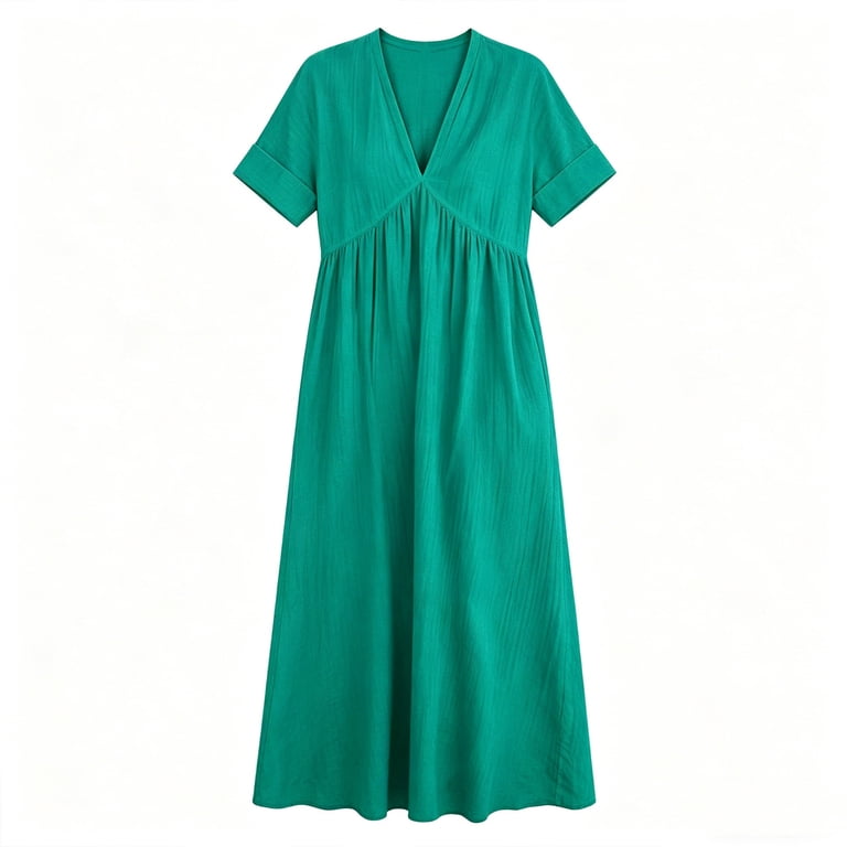 flowy loose dresses Womens Summer Maxi Dress Short Sleeve V Neck Ruffle Casual Long Women's Beach Vacation Solid Color Dress meera-ymal