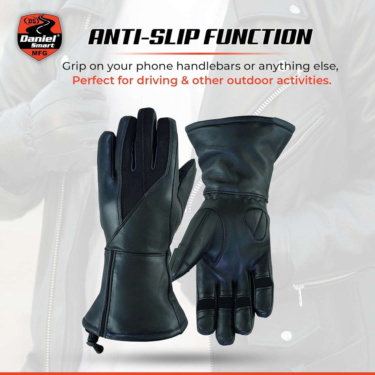Daniel Smart Motorcycle Leather Winter Gloves Close Out Cow Hide Heavy Duty with Adjustable Wrist Strap and Touch Screen Fingertips- M