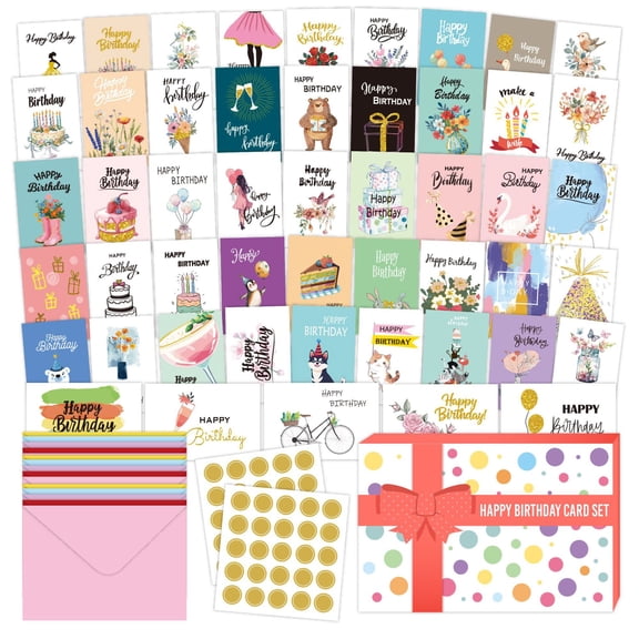 50 Unique Birthday Cards Bulk with Envelopes- Assorted Happy Birthday Cards With Greetings Inside – Assorted Envelopes and Stickers -Large 5 x 7 inches- Greeting Box Set