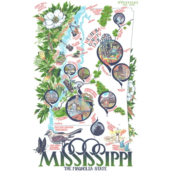 Vestiges Mississippi State Icons Souvenir Tea Towel 21.5" x 32" Eco-Friendly