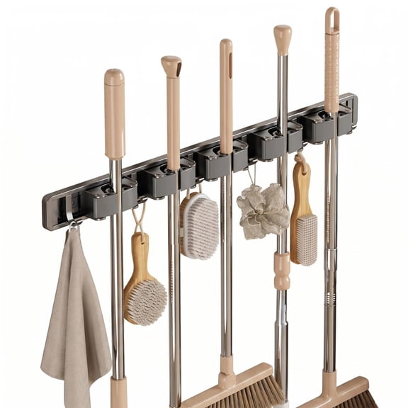 Asoricing Broom Holder Wall Mount, Broom and Mop Organizer Wall Hanging, No Drilling Installation, Silicone Anti Slip, Space Aluminum, Gunmetal Gray