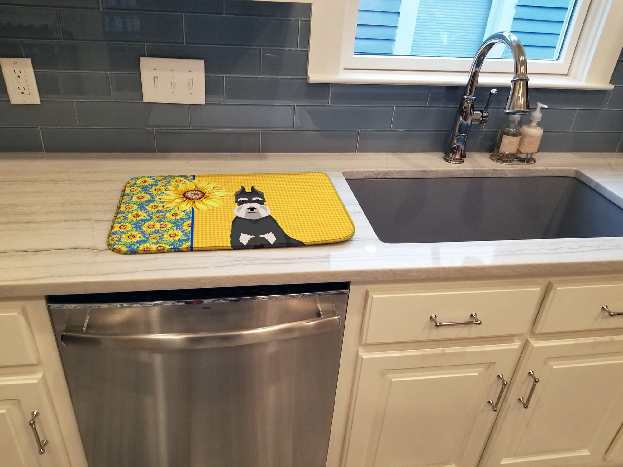 Summer Sunflowers Black and Silver Schnauzer Dish Drying Mat 14 in x 21 in
