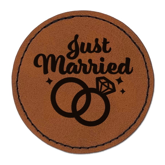 Just Married Wedding Rings 2.5" Faux Leather Round Engraved Iron-On Patch - Brown