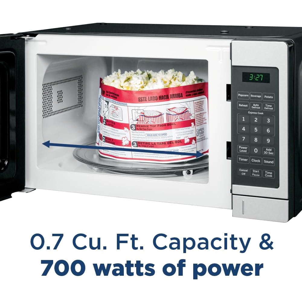 GE GCST07N1WSS Countertop Microwave Oven 700-watt Compact 0.7 Cu Ft Stainless Steel Bundle with 2 YR CPS Enhanced Protection Pack and Deco Chef Pair of Red Heat Resistant Oven Mitt