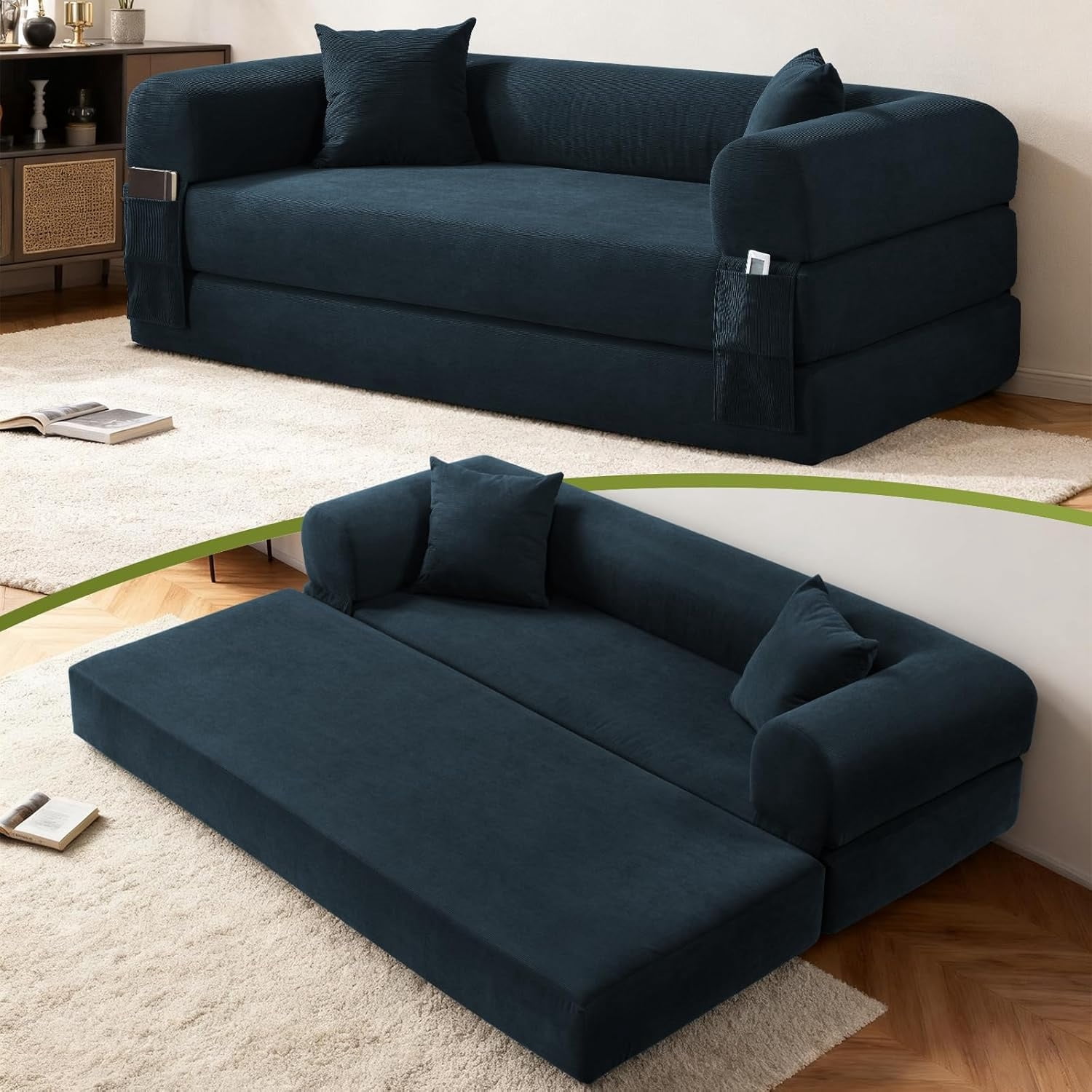 3 in 1 Convertible Sofa Bed, 80" Corduroy Folding Pull Out Couch with 2 Pillows, Floor Sofa with Side Storage for Living Room, No Assembly Modern Boneless Couch Compression Sofa, 35.4"W