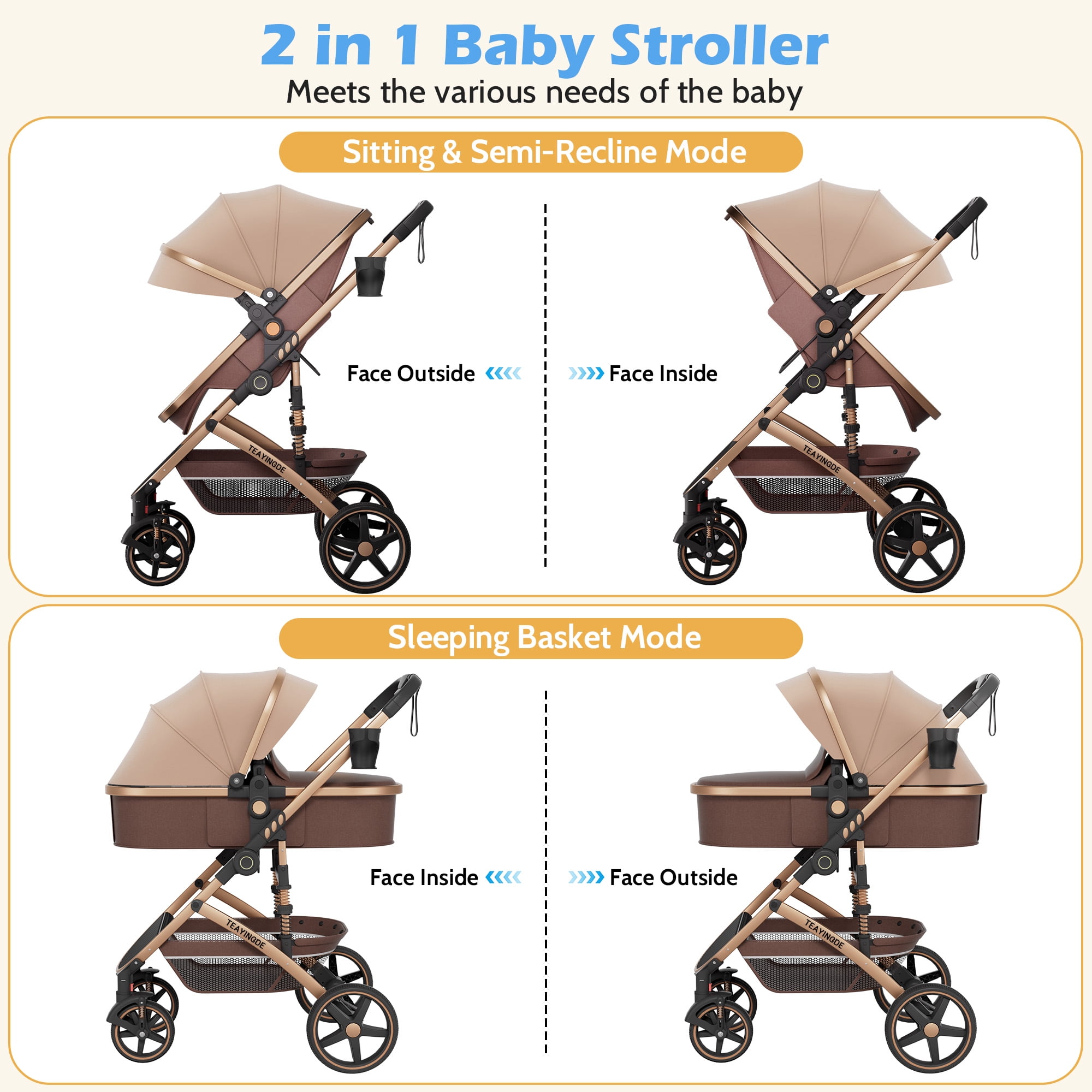 babyeap 2 in 1 Baby Stroller,Foldable Lightweight Carriage Reversible Bassinet Pram for Toddler,Travel Stroller with with Cup Holder、Storage Bag,Brown