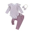 thumbnail image 2 of Musuos Baby Girl Fall Outfits 3M 6M 9M 12M 18M Checkerboard Print Long Sleeve Romper Solid Color Long Pants Headband 3Pcs Clothes Set, 2 of 9