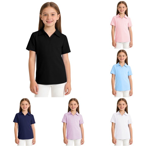 Gyujnb Collared Short Sleeve V Neck Polo Top School Uniform Daily Casual Everyday Wear (Little Girls, Big Girls),9-10 Years