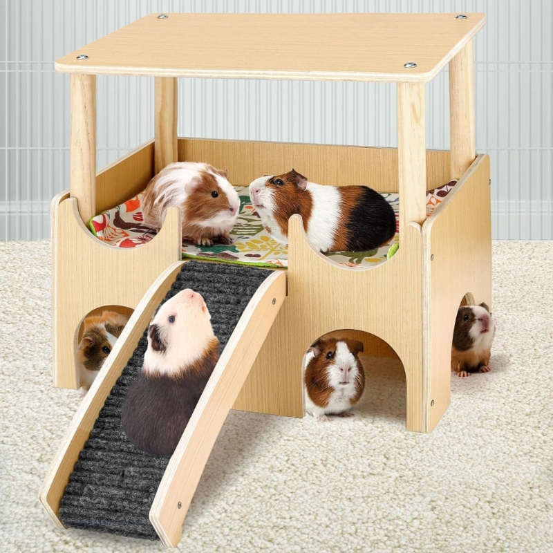 Zecic Ventilated Guinea Pigs Hideouts House Habitat Cage Playgrounds for Small Wood Rodents House 3 Entrance Hideaways With SlipProof Ramp 2 Decker Design
