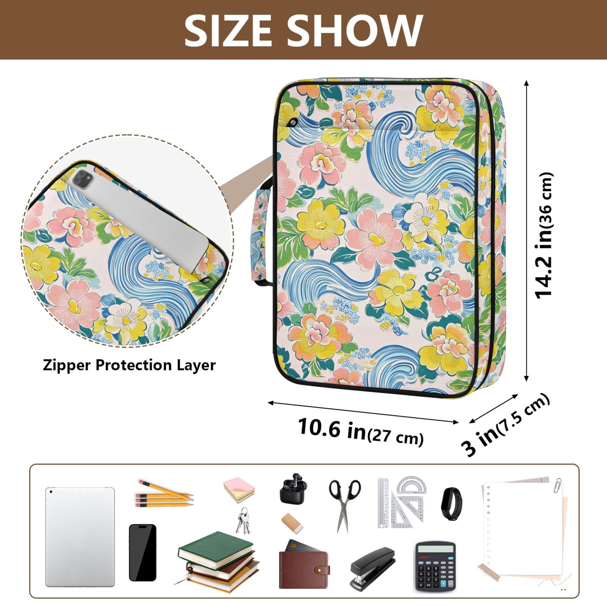 FORMRS Accordion File Folder A4 Size 7-Pocket Expanding Document Organizer Bag with 3 Ring Binder, Blue Floral Wave