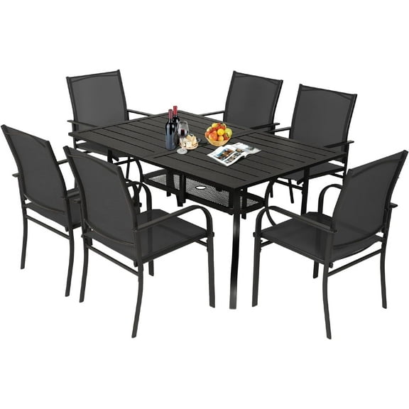 SUNCROWN 7 Piece Patio Dining Set Outdoor Furniture, Rectangular Metal Slatted Table with 1.57" Umbrella Hole & 6 Black Textilene Chairs