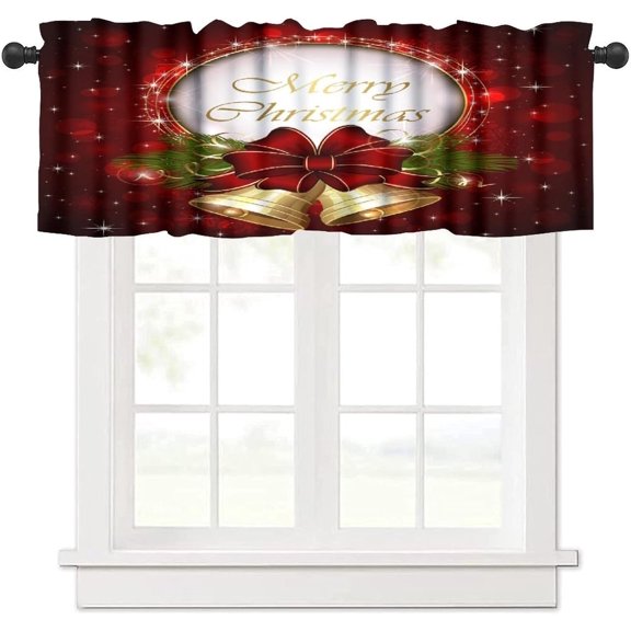 Merry Christmas Valance Curtains,Xmas Baubles Snowflakes Pine Trees Decors Xmas Holiday Theme Print Small Window Treatments For Kitchen Living Room Decor Rod Pocket Valances 54x18 Inch,1 Panel