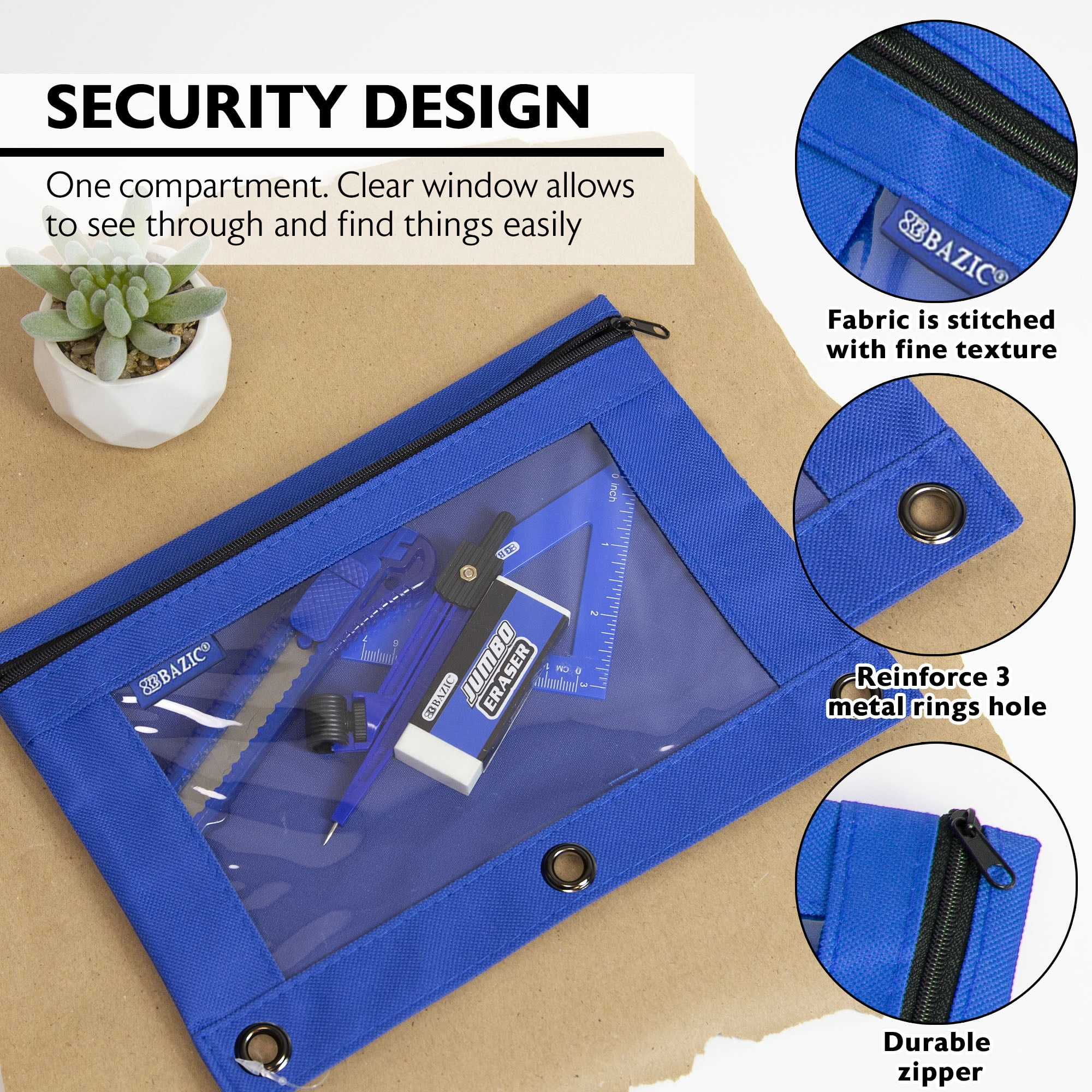 BAZIC 3 Ring Pencil Pouch, Clear Window, Classic Color, 24-Pack