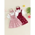 thumbnail image 3 of BemeyourBBs Newborn Baby Girls Spring Summer Fall Clothes Cute Infant Baby Girls 3 Piece Outfit Ribbed Short Sleeve Romper with Bow Print Suspender Skirt Overalls Dress Set, 3 of 9