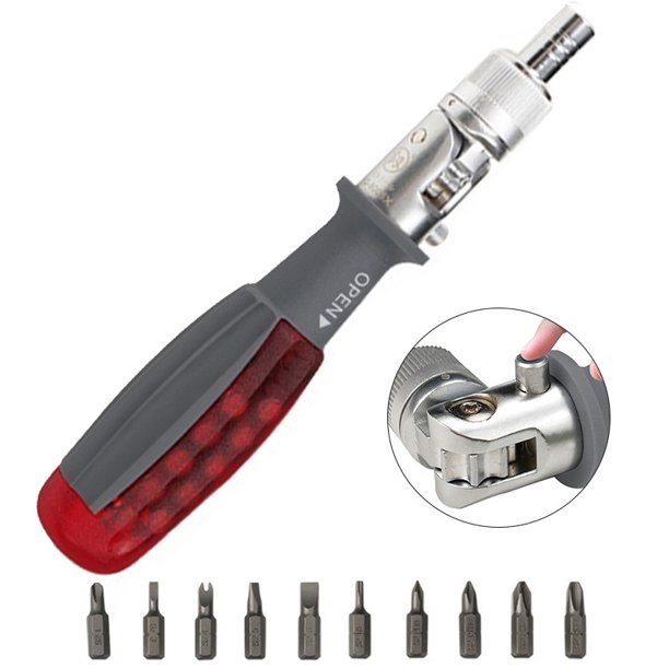 Destornillador de trinquete con puntas múltiples magnéticas, 10 en 1, mini destornillador de bolsillo pequeño, adecuado para accesorios para el hogar y el interior del automóvil, rojo, 1 pieza TUNC Sencillez