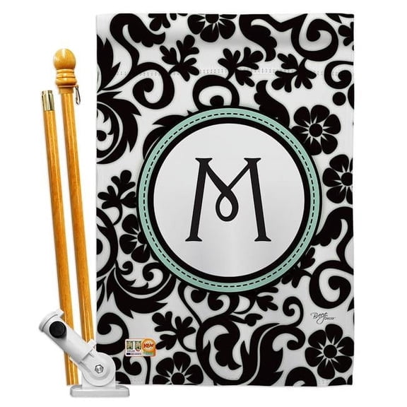 Breeze Decor BD-SB-HS-130065-IP-BO-D-US09-BD 28 x 40 in. Vertical Damask M Initial Interests Simply Beauty Impressions Decorative Double Sided House Flag Set with Pole & Bracket Hardware