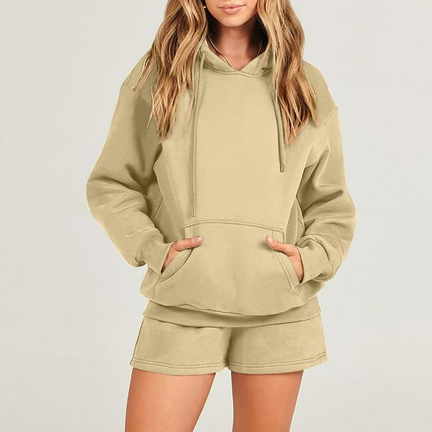 Puntoco Conjunto De Chandal para Mujer Conjuntos Deportivos De Dos Piezas Sudaderas con Capucha De Manga Larga Conjunto De Pantalones Cortos De Moda Deportiva Traje con Capucha De Manga Larga Liquidac...