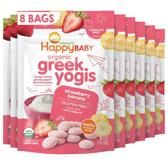 Happy Baby Organics Greek Yogis, Strawberry Banana & Greek Yogurt Organic Freeze-Dried Baby Snack, 1 oz Bag