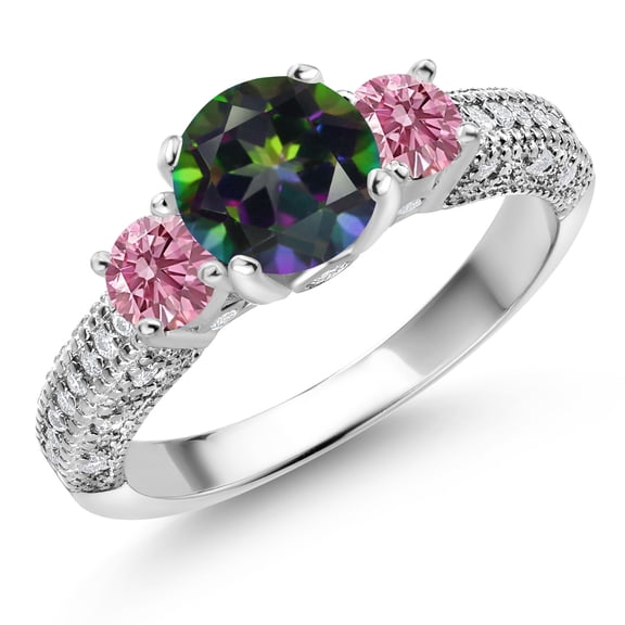 Gem Stone King 925 Sterling Silver Green Mystic Topaz Pink Lab Grown Diamond and White Moissanite Engagement Ring for Women (1.88 Cttw, Gemstone, Round 7MM and 4MM, Size 9)