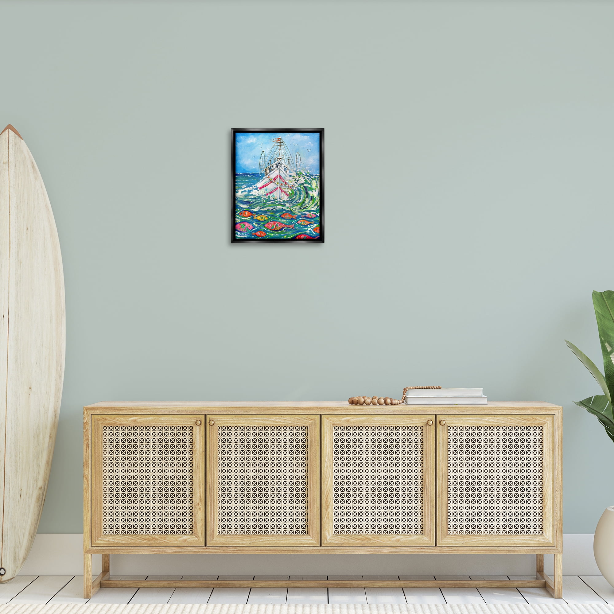 Stupell Industries Boat Net Splashing Transportation Painting Black Floater Framed Canvas Art Print Wall Art, 17 x 21