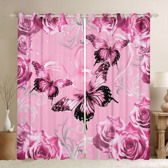 Homewish Floral Rose Butterfly Girl Blackout Curtains Set of 2 (52x84 Each),Dreamy Princess Window Curtains,Chic Flowers Curtains and Drapes,Microfiber Bedroom Decor