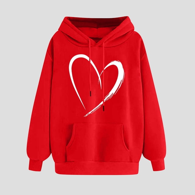 UPPADA Chandails à Capuchon pour Femmes Confortables à Manches Longues, Chandail à Capuche à Col Rond, Haut à Enfiler avec Poches, Couleur Unie/imprimé Cœur, Chandails de Base Rouge, P-3TG
