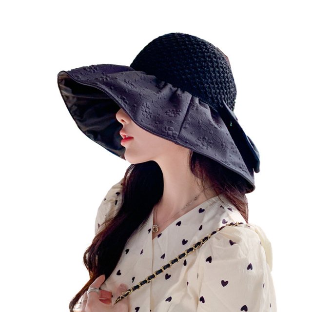 CSChome Sun Hat Ruffle Wide Brim Hat Knitting Empty Dome Bowknot Decor Embossing Process Women Patchwork Color Travel Bucket Hat Fashion