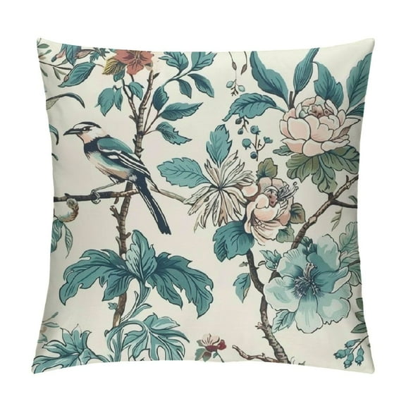PRATYUS Chinoiserie Pillow Covers Teal Aqua Blue Floral Birds Decorative Throw Pillows Rustic Vintage Flowers Pillow Cases Square Cushion Cover Decor for Couch Bed Sofa 18x18in