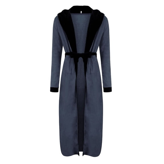 Rohuuque Men's Robes with Hood Color Block Robe Bathrobe Plus Sized Plush Fleece Tie Belt Long Length Cozy Sleepwear Lounge Robe Blue