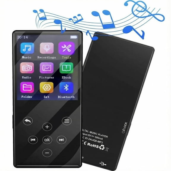 Qoosea MP3 Player Bluetooth 64GB HiFi Sound Quality MP3 Player with Speakers Support FM Radio Recorder TF Card (Black)