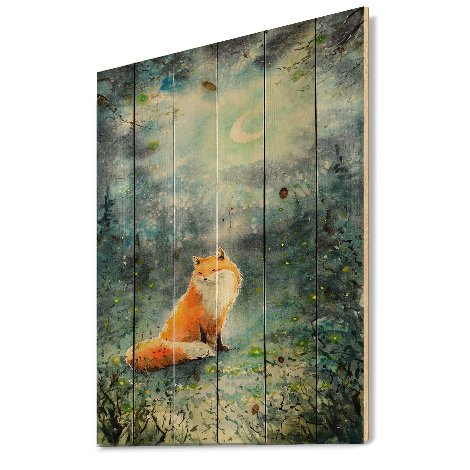 Designart 'Fox Over A Night Sky With Moon' Children's Art Print on Natural Pine Wood