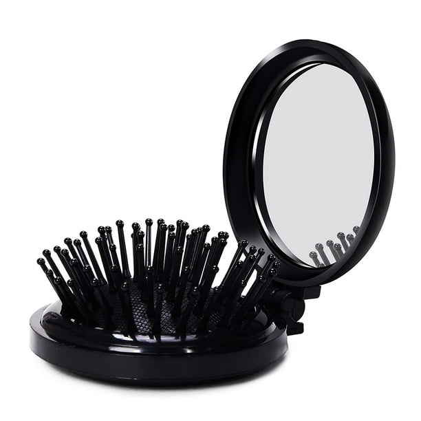 Mini Folding Hair Brush with Mirror, Compact Pop up Pocket Brush, Small