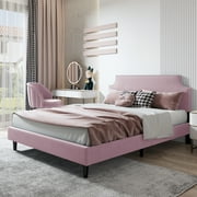 EvinTer Modern Design Pink Upholstered Bed Frame with Nailhead Trim, Queen Size