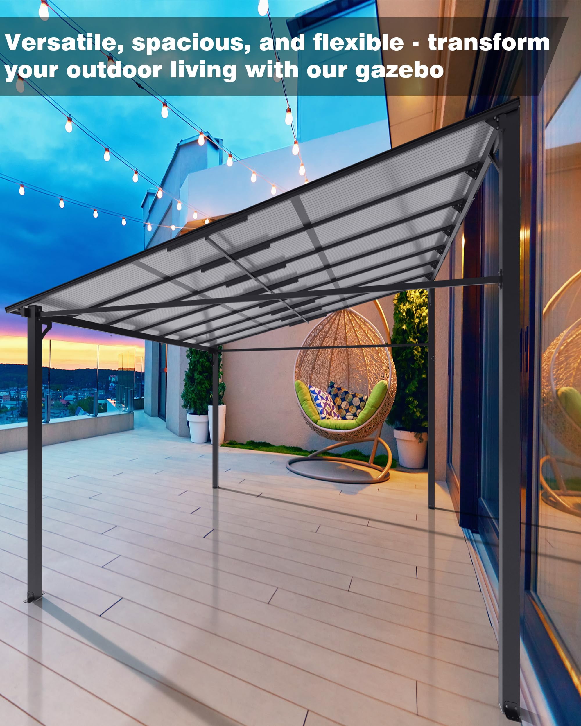 TROPOW 12' x 14' Lean to Gazebo, Hardtop Wall Pergola with Polycarbonate Roof, Aluminum Frame Mounted Gazebo for Lawn Patio Deck Yard and Party