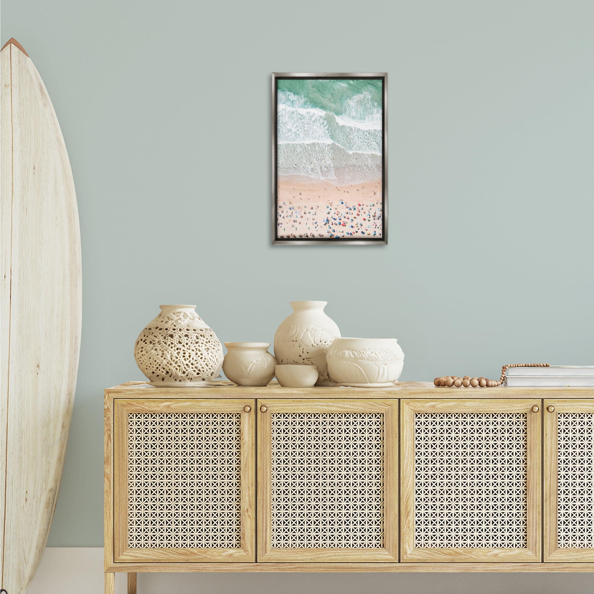 Stupell Industries Aerial Beachgoers View Nautical & Beach Painting Gray Floater Framed Canvas Art Print Wall Art, 17 x 25