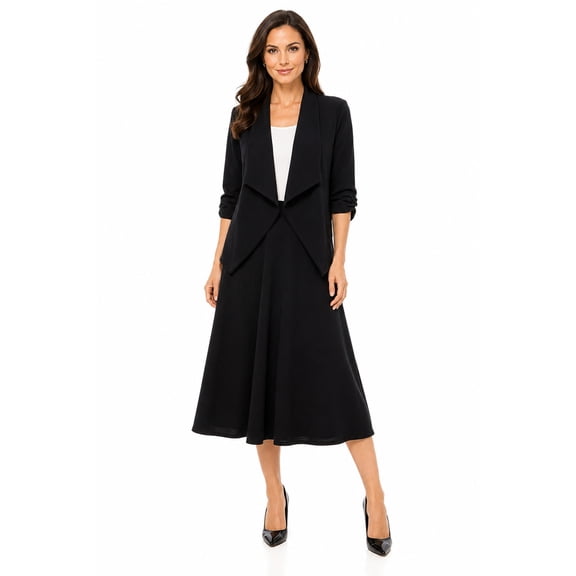 Women's 2-Piece Open Front Blazer and Matching Midi A-Line Skirt Set Black 1XL
