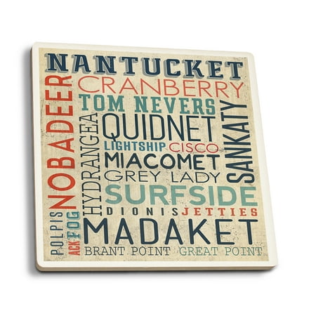 

Nantucket Massachusetts Typography (Absorbent Ceramic Coasters Set of 4 Matching Images Cork Back Kitchen Table Decor)