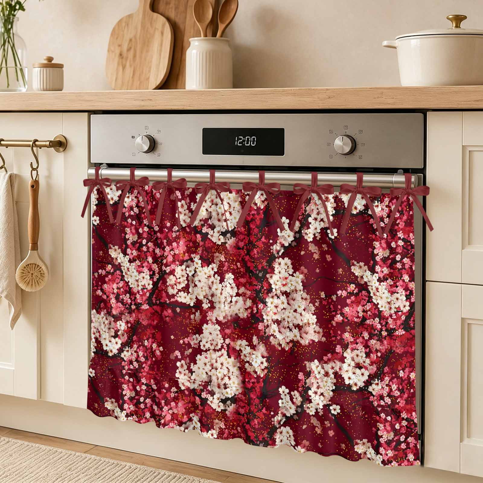 Spring Florals Oven Skirt Curtain Red Pink Peaches Flower Chinese Wind Tie Top Tier Curtains Stove Dishwasher Skirt Small Window Drapes for Kitchen Bathroom Cafe 27 x20