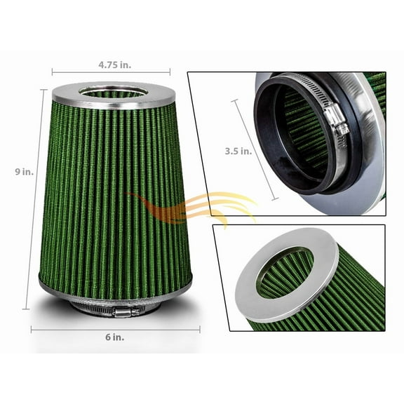 Green Rtunes Racing Inlet Short/Truck Air Intake Cone Replacement Quality Dry Air Filter (Long 3.5")