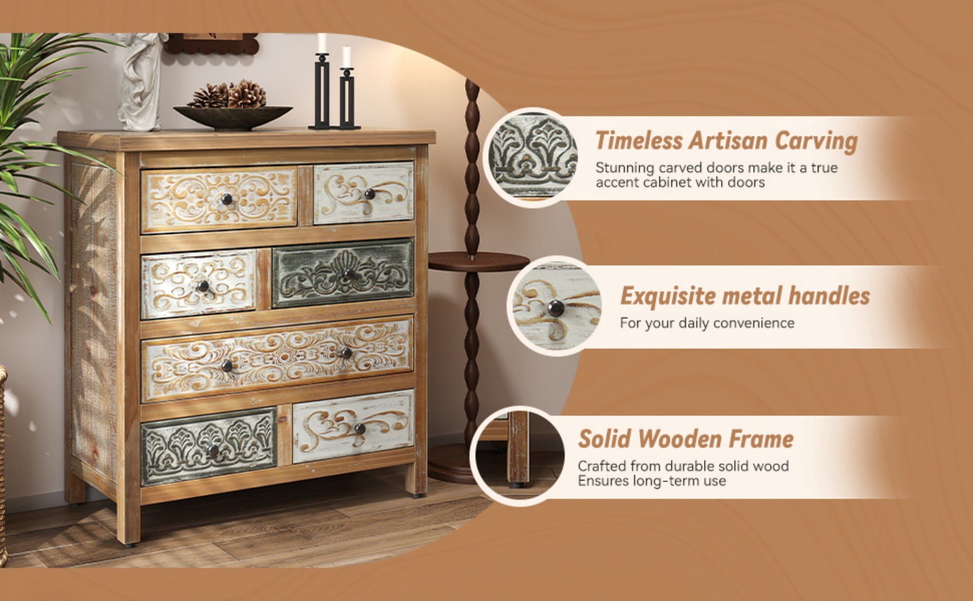 AENKYO Vintage 7-Drawer Dresser, Carved Wood Storage Chest, Distressed Finish for Bedroom & Living Room Farmhouse Decor