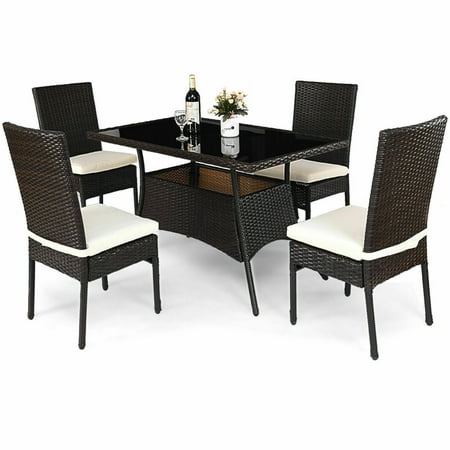 Costway 5 Piece Outdoor Patio Furniture Rattan Dining Table Cushioned Chairs