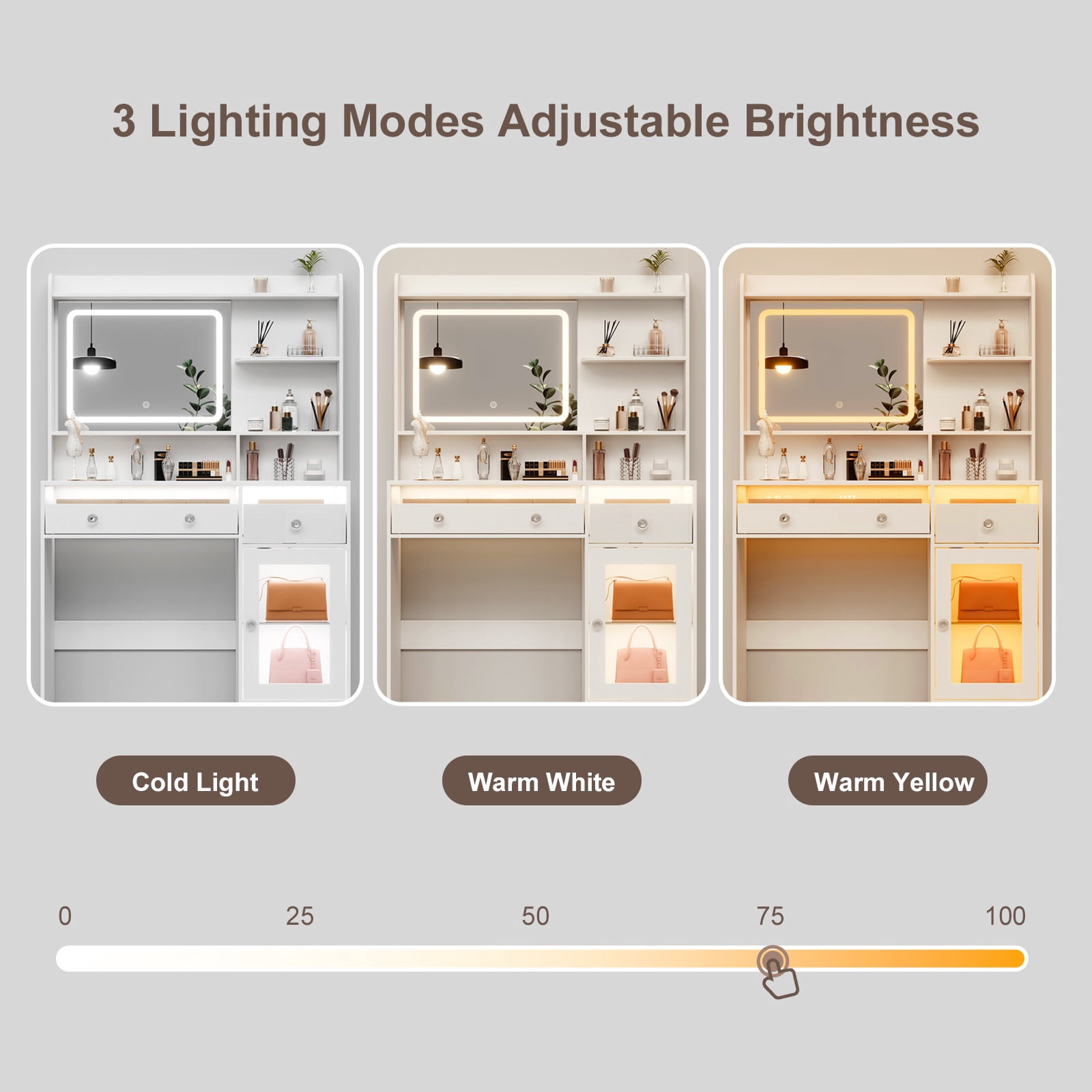 Satifur Modern LED Vanity Desk with Charging Station & Storage, White Makeup Table for Bedroom