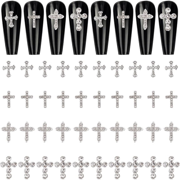 40Pcs 4 Style Alloy Rhinestone Cabochons Nail Art Decoration Accessories Cross Silver 8~12.5x6.5~9.5x2~2.5mm 10pcs/style