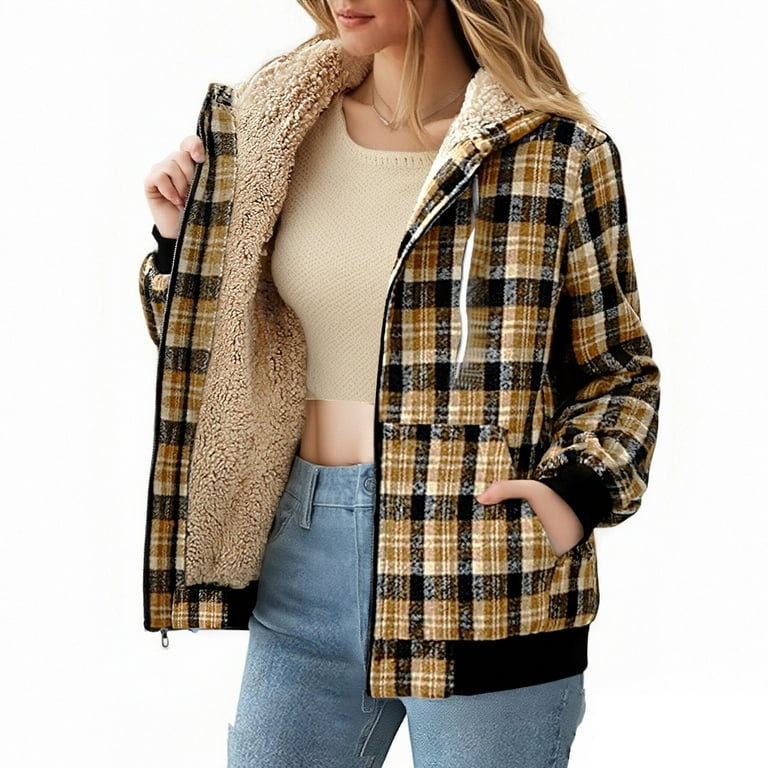 Women's Buffalo Plaid Coat Flannels Fleece Jacket Hooded Shacket