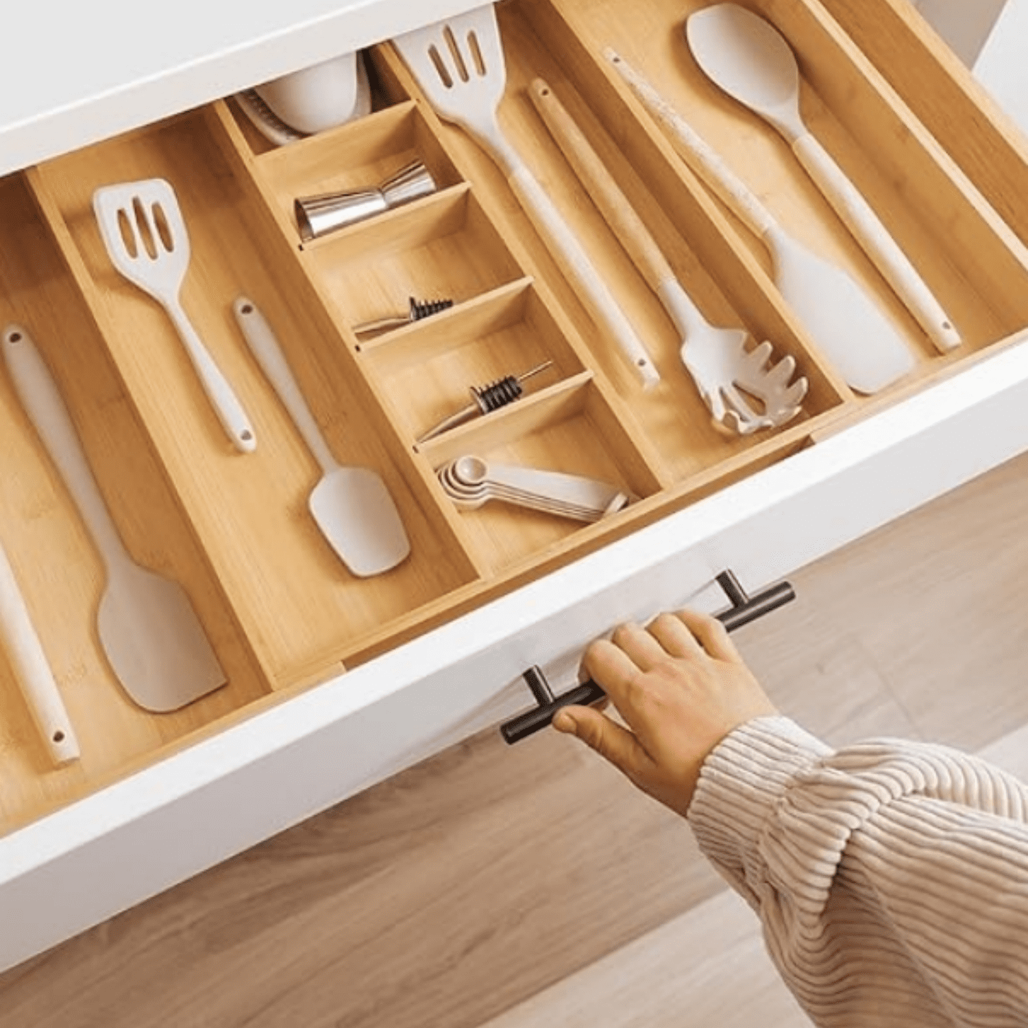 Adjustable Bamboo Kitchen Drawer Organizer for Utensils and Junk, Expandable to 28 inches Wide, 9 Compartments
